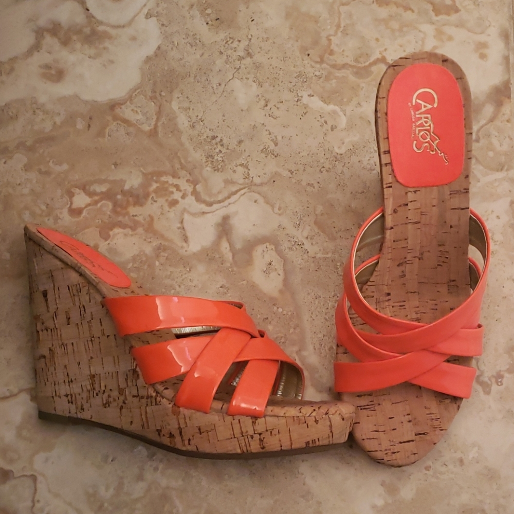 Carlos Santana Orange Patent Cork Wedges